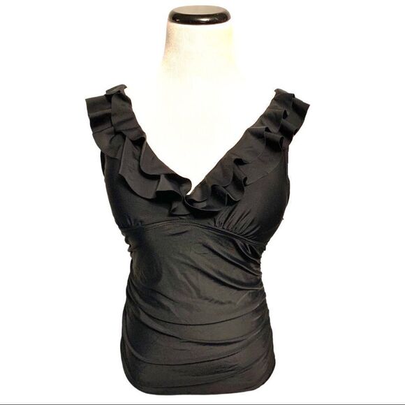 New! Yonique Black Ruffled Tankini Top Sz S - Picture 1 of 5